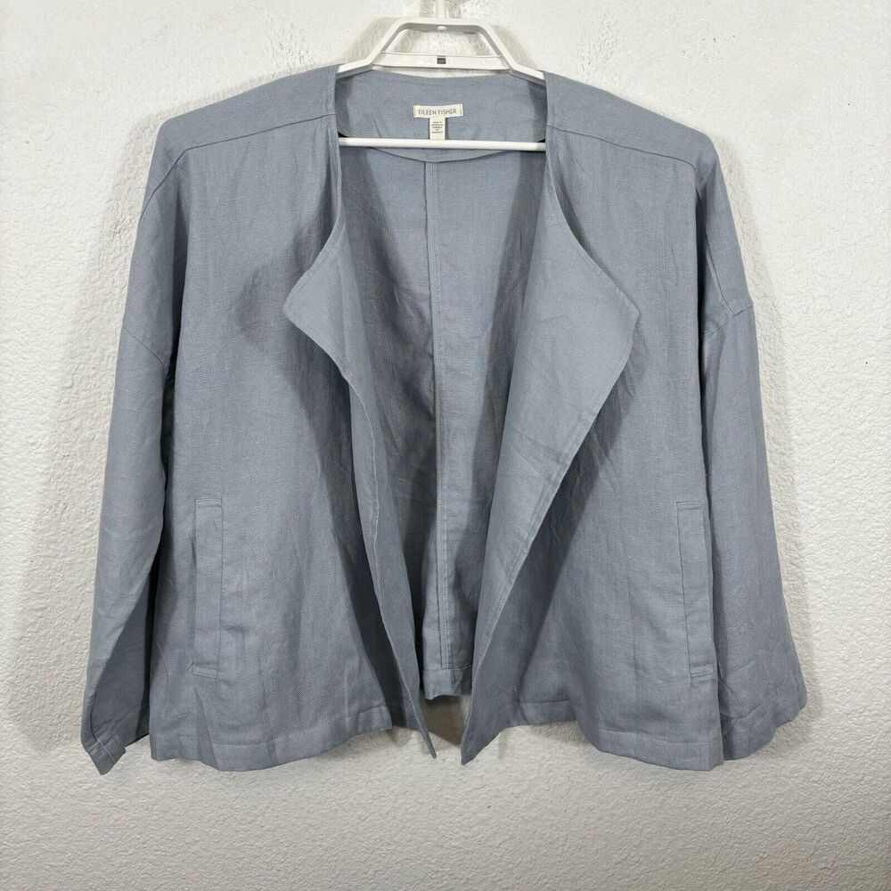 Eileen Fisher Cardigan Womens M Blue Linen Open‎ Front Long Sleeve